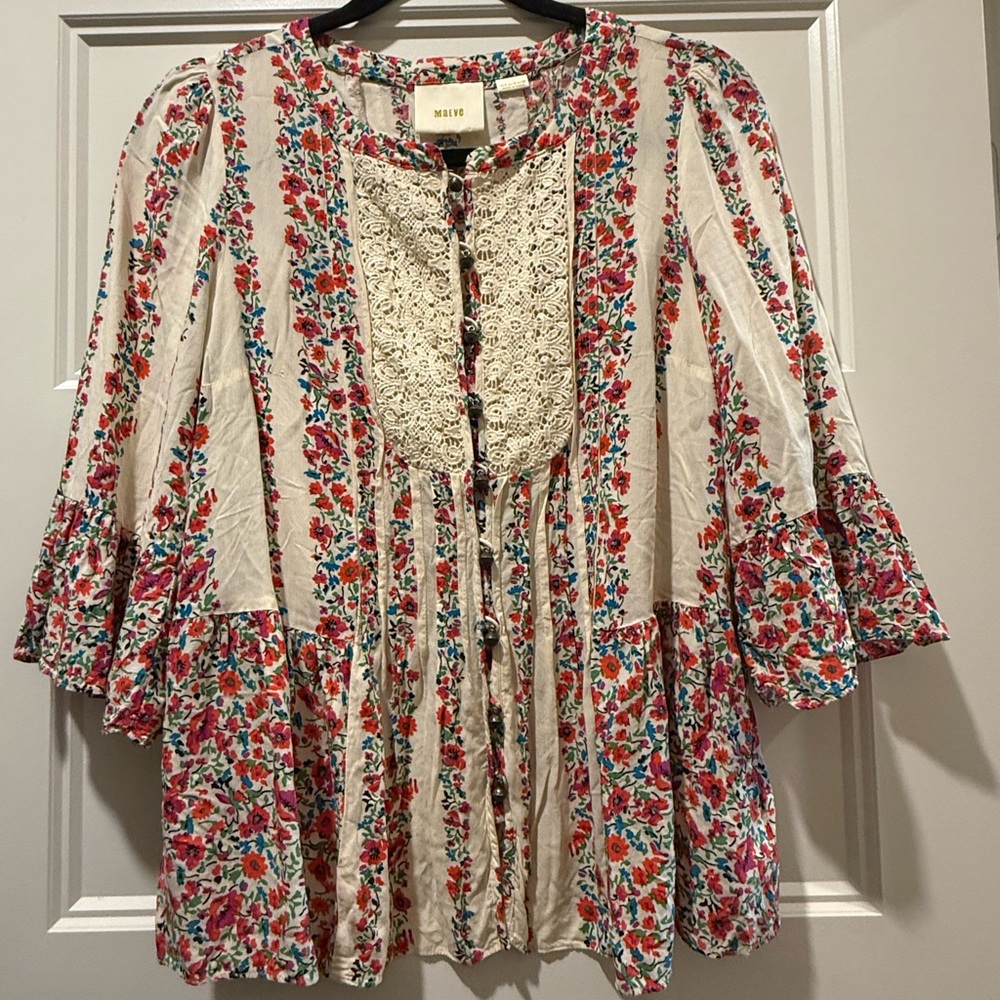 Maeve Cream Tunic with Pink and Red Floral Print
